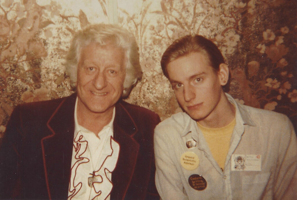 Doctor Who star Jon Pertwee and fan Michael Broussard at WhoFEST in Buffalo, NY in 1984